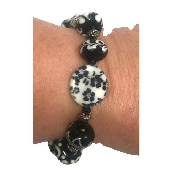 Handmade Jewelry - Handmade Black and White Lampwork Glass Bead Stretch Bracelet Letter A Charm